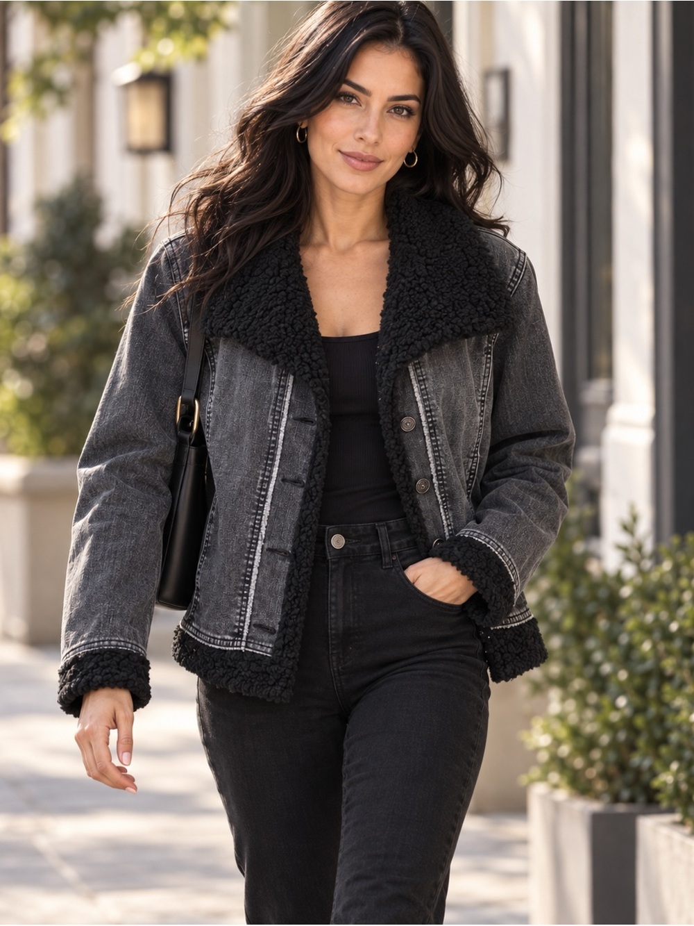LOGO Denim Limited Edition Black Sherpa Trim Denim Jacket Size 0